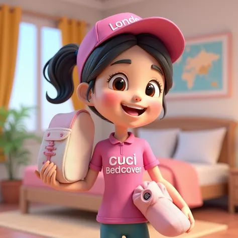 3D cartoon, HD, a Chinese woman as a laundry courier, wearing a pink shirt with text logo MISTER LONDRE, carrying a SHOE, the title says CUCI BEDCOVER , in a room with bed