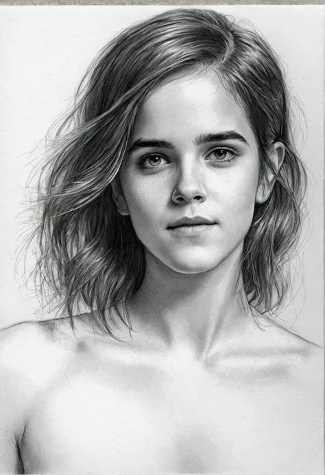 a delicate, graphite sketch portrays, a nude beautiful young emma watson, medium firm breasts, round and firm nipples, without b...