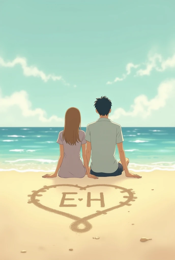  Style anime Ghibli!!!   couple (man and woman) of young people in love sitting on the seashore, view from behind, serene sky, in the sand a heart drawn with initial letters marked in the sand "E" and "H" in the middle of the heart