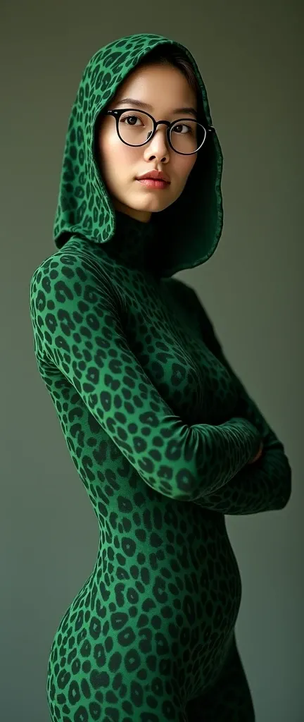 a most beautiful and thin 32 years old chinese contortion woman is wearing a pair of glasses wears green leopard lycra footed turtleneck unitard catsuit.She always wear green leopard unitard hijab-like hood.She is the most beautiful and has beautiful cheek...