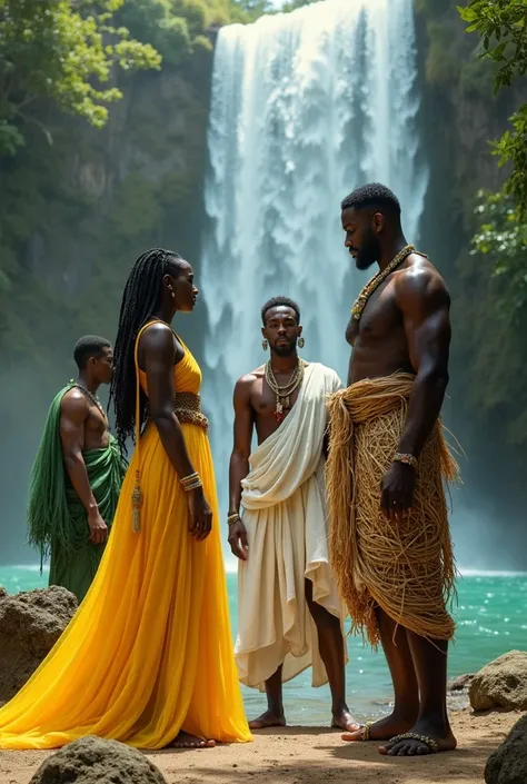 A black woman in a yellow dress, a black man dressed in white, a black man dressed in green and a black man covered in straw clothes up to his head at a waterfall 