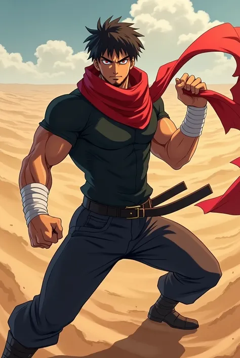 Anime Character Model:
male gender, black short hair, short beard, Eyes red, brown skin color.
Wears white bands tied around his arms.
His outfit is a black t-shirt, black pants, leather boots, long red scarf.
median muscles attack position.
the background...