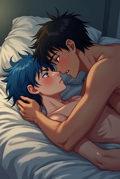 A handsome boy, blue hair, light blue eyes, cheeks flushed with sweat lying face down on the bed hugging the pillow panting, naked. A boy with long black hair, mắt đỏ thẫm, không mặc quần áo đang đúc con cu cương cứng to lớn vào lỗ hậu của chàng trai blue ...