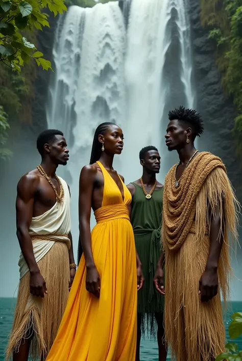 A black woman in a yellow dress, a black man dressed in white, a black man dressed in green and a black man covered in straw clothes up to his head at a waterfall 