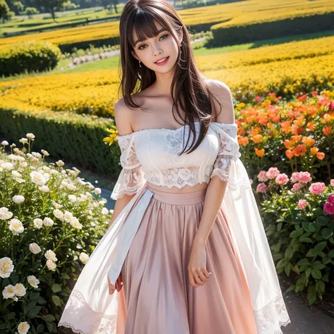 long skirt,in the flower field，Wear a dress，rotate，1 female, On the face, laughing out loud, light brown hair, blunt bangs, hair behind ears, Shoulder-length hair, long hair, Slender body type, 超face slimming型, face slimming, delicate lips, beautiful eyes,...