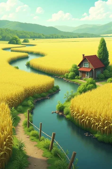 Corn field with a little house and a river in the middle
