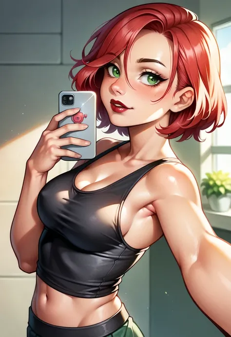 (high-level image quality), (high quality), (high resolution), (detailed), (masterpiece), beautiful woman, ((caucasian)), green eyes, red hair, short hair, dark red lipstick, slender body, perfect eyes, Detailed face, selfie side view, black short, black t...