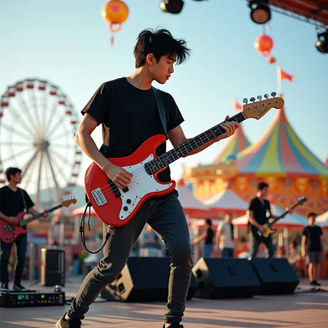 Handsome asian teenage ,  playing guitar with his band on the stage. The background of carnaval playground. he is wearing T-shirt black jeans pants and running shoes, black messy hair, full body sight, 4k detailed photography. completing the captivating im...