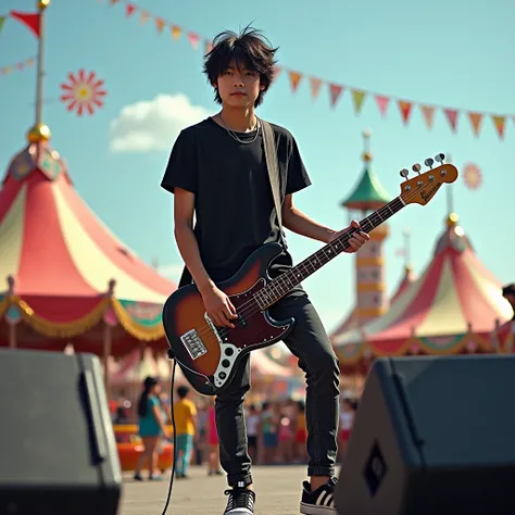 Handsome asian teenage ,  playing guitar with his band on the stage. The background of carnaval playground. he is wearing T-shirt black jeans pants and running shoes, black messy hair, full body sight, 4k detailed photography. completing the captivating im...