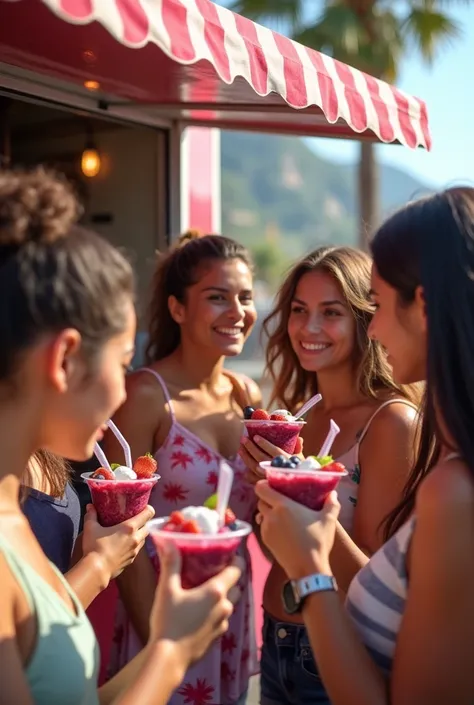 customers in front of the theikos açaí trailer ,eating acai , ultra HD, high qualiy, best qualityer, high resolution, 8k, 16k perfection in the details
