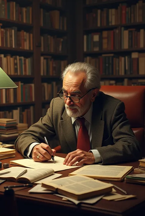 José Gregorio Paz Soldán in his studio, writing articles and essays, surrounded by papers and books