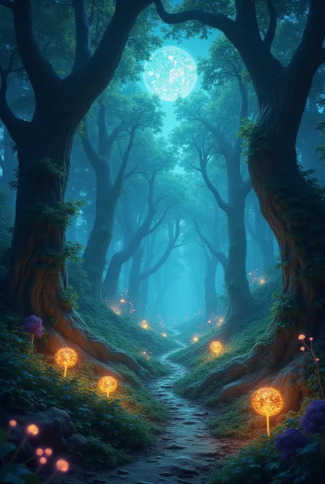 Draw me a mystical forest with magical symbols in the sky