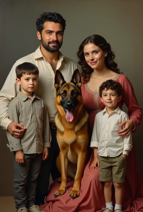 Classical style painting of a family (a 26 year old black haired white man, two little boys 3 and 4 years old white with dark hair, and a woman with medium brown wavy hair) an adult German Shepherd and Jesus Christ