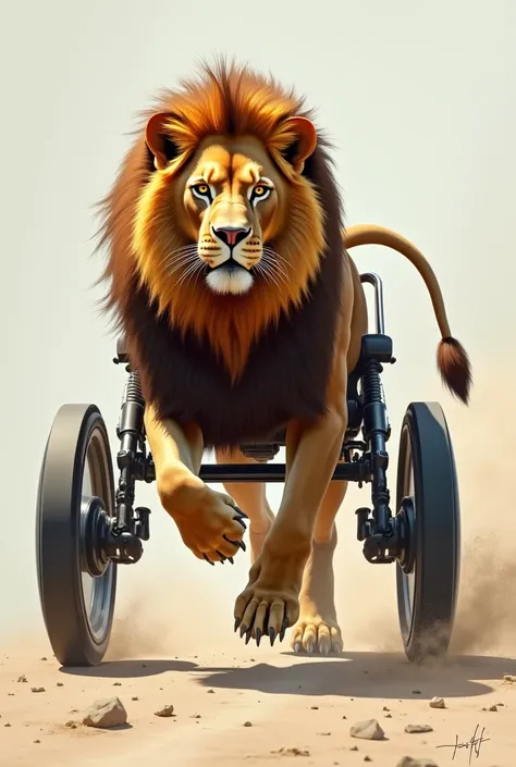 Muscular lion running in a wheelchair