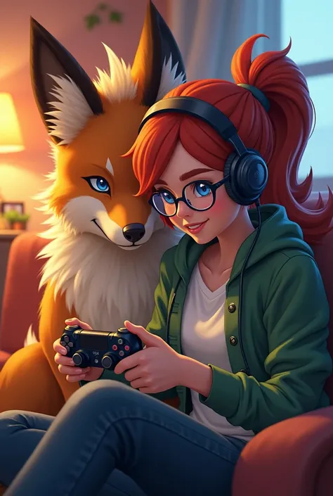 Female trainer with glasses and headset playing with PS4 controller leaning on her Pokemon Arcanine