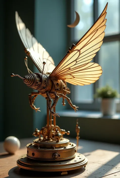 Create a toy of Da Vinci&#39;s flying machine with automatic movement that when activated plays a song like the mechanism of a music box and moves the wings at the same time, in addition to being related to the moon 
