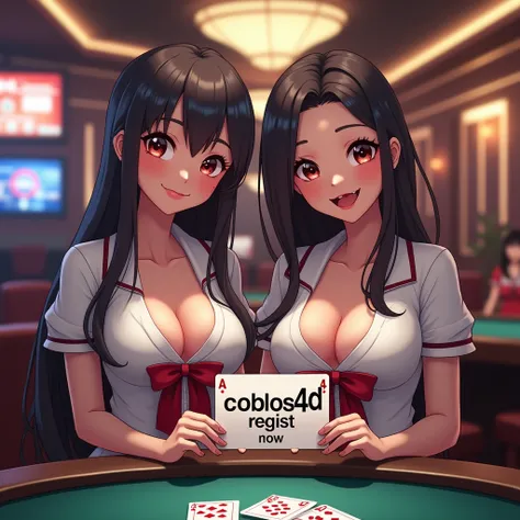 two sexy women wearing high school uniform indonesian holding up a sign "coblos4d regist now", text fit with sign, teasing smile, happy, 3D Render RealCartoon, photorealistic, casino background,  realistic anime, big breast, cleavage, standing behind poker...