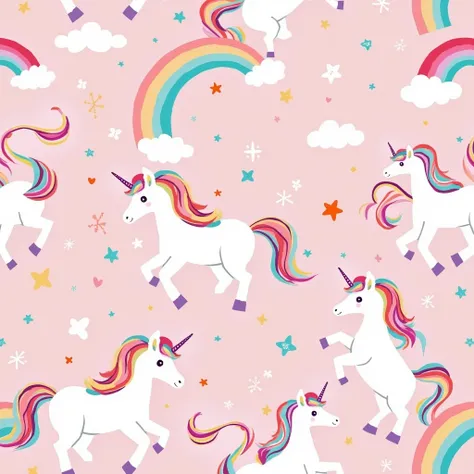 Printing pattern，Pink background, Unicorns and rainbows pattern，Splicing