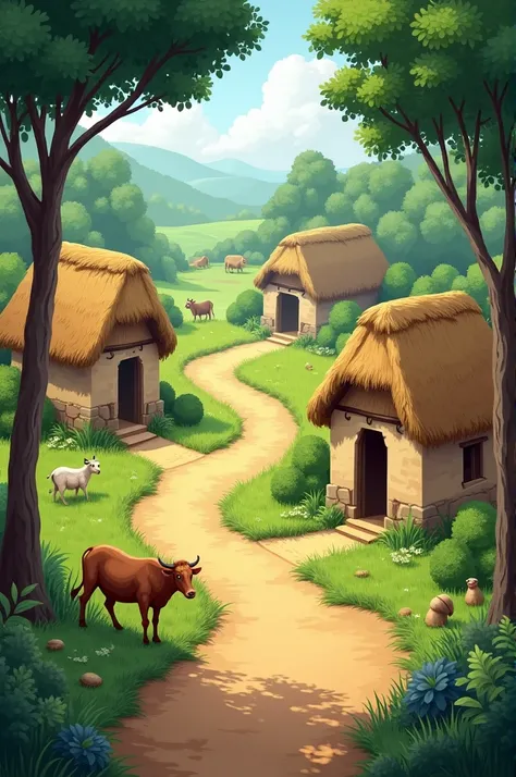 Traditional Indian Village Setting:

Simple huts with thatched roofs.
Trees and a dirt path winding through the fields.
Domestic animals like cows or goats grazing nearby.
