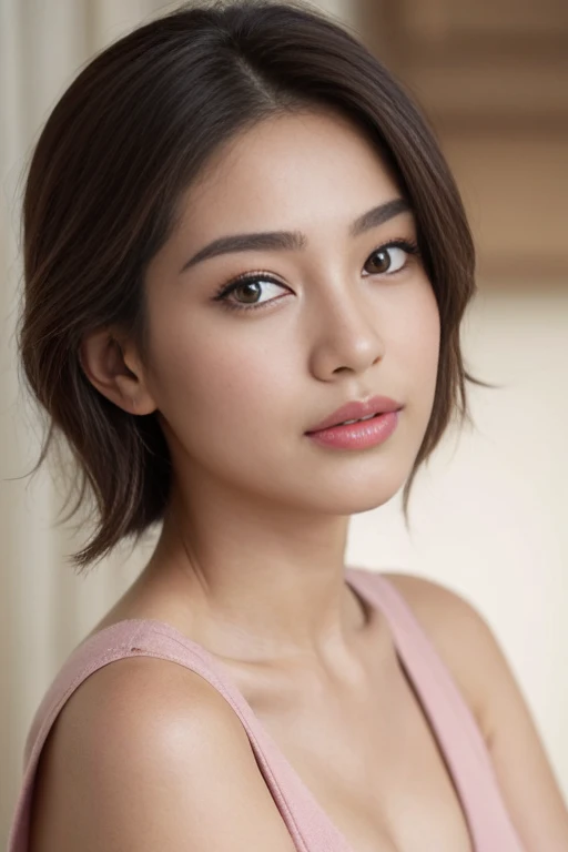 Create a (( mid-shot )) photorealistic image of a beautiful Asian woman with fair, smooth, flawless skin. She has large, round, sparkling eyes with naturally long and curled eyelashes, and well-defined, dark eyebrows. Her nose is straight and high, and her...