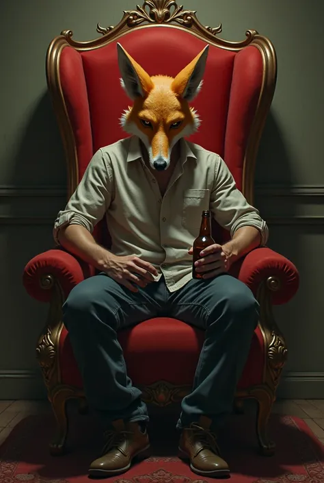 You eat a fat man ( disguised ) of star fox while sitting on a red haired throne staring straight into the camera with a bottle of beer in his hand ( be serious ) ( with head tilted downwards )