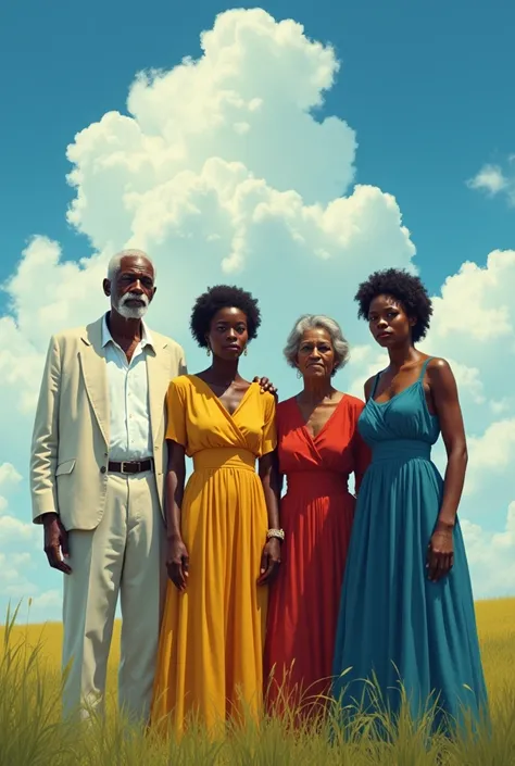 An old black man dressed in white, an old black woman dressed in dark yellow, a black woman dressed in red and a young black woman dressed in blue in a field with a beautiful sky 