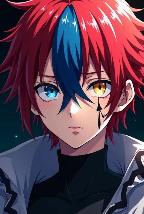 an anime character, with red hair and a lock coming from the center in blue, His eyes are of different colors, one blue and the other yellow., and a scar that goes from ear to ear passing through the bridge of the nose 