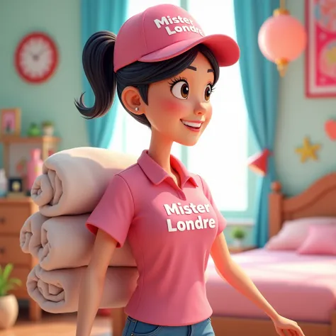 3D cartoon, HD, a Chinese woman as a laundry courier, wearing a pink shirt with text logo MISTER LONDRE no image just text, carrying a blanket, the title says CUCI BEDCOVER , long shoot , background in bedroom