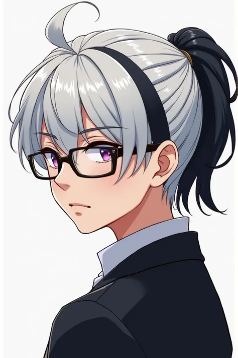 Young man with white hair and black tips and a ponytail and eyes of two different colors and glasses anime version 
