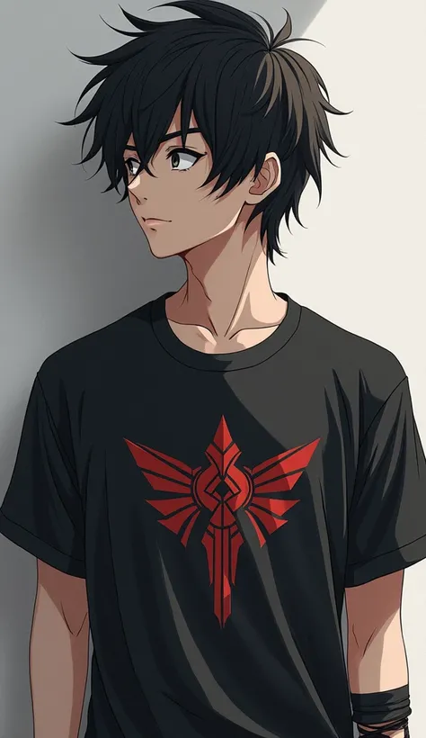 A boy in quit pose with great jew line and thik beards black eye and anime type character Kshatriya signature T shirt 👕