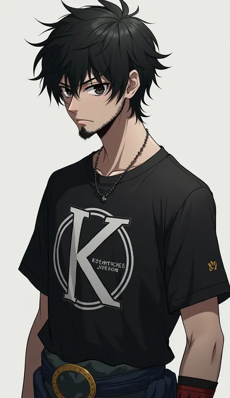 A boy in quit pose with great jew line and thik beards black eye and anime type character Kshatriya signature T shirt 👕