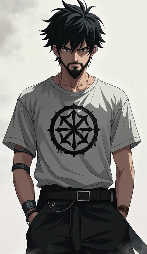 A boy in quit pose with great jew line and thik beards black eye and anime type character Kshatriya signature T shirt 👕