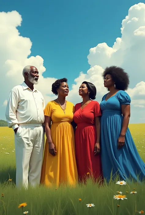 An old black man dressed in white, an old black woman dressed in dark yellow, a black woman dressed in red and a young black woman dressed in blue in a field with a beautiful sky 