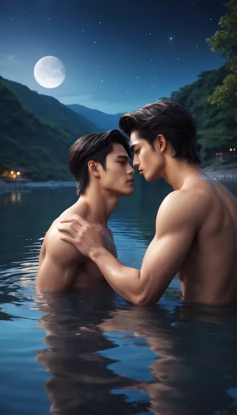 nsfw, yaoi, best quality, masterpiece, extremely detailed, close up, two men, nude, extremely handsome 25 year old man with middle parting dark hair, extremely handsome 30 year old filipino man with short blond hair, muscular build, sitting by a lake, look...