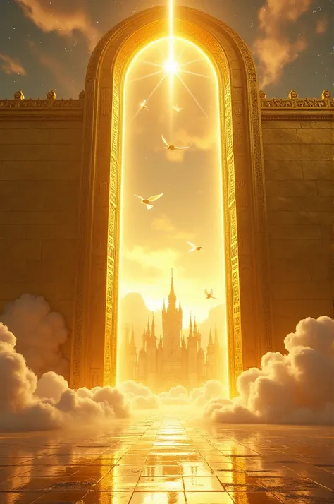 Great golden wall with high gates in the shape of a shining pearl, Golden City behind the Great Wall with lots of light, around the space with planets and angels of light flying