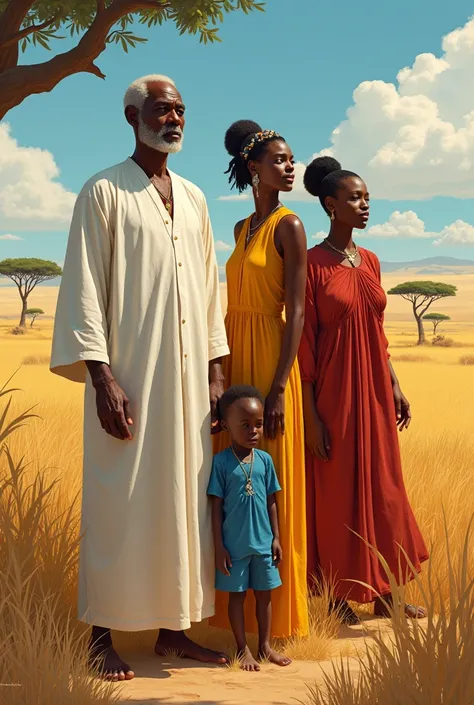 An old black man dressed in white, an old black woman dressed in dark yellow, a black woman dressed in red and a young black woman dressed in blue in a savannah 