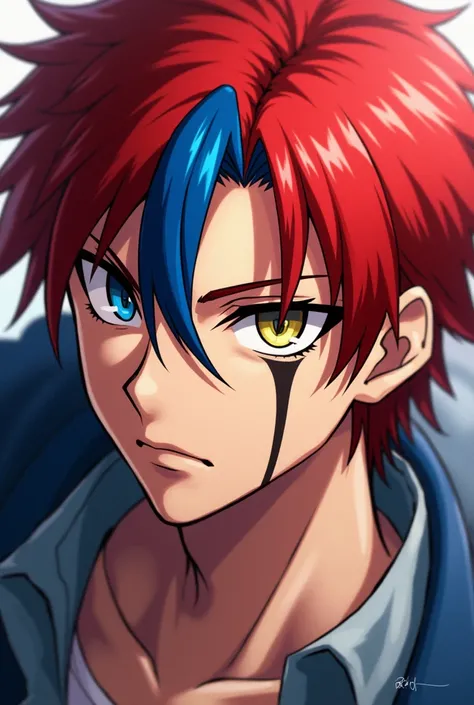 an anime character, with red hair and a lock coming from the center in blue, His eyes are of different colors, one blue and the other yellow., and a scar that goes from ear to ear passing through the bridge of the nose, let it be a man 