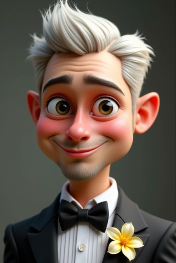 Animated image of a young man, Handsome, similar to Brad Pitt, with big head, straight white hair, brown bulging eyes, profiled nose, columbine, big mouth, thick lips, bushy eyebrows, big ears, long neck, dressed in a tuxedo, picsart