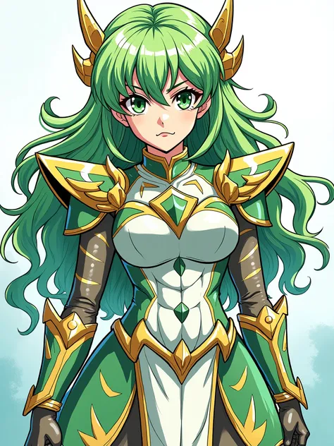 Coloring book of girl king of the zodiac snake, detailed face and eyes of hers, green hair,  green and white armor, helmet , Saint Seiya, 2023s Anime, Sketch, bold outline, bold colors, simplified features, tri-color, White , blond skin, action pose,