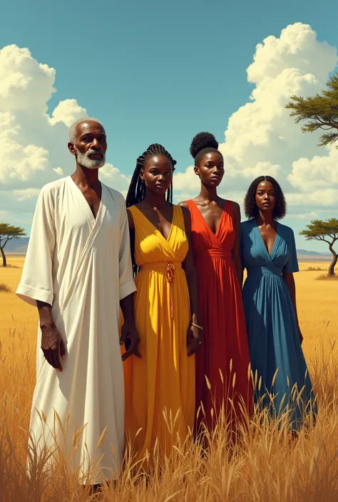 An old black man dressed in white, an old black woman dressed in dark yellow, a black woman dressed in red and a young black woman dressed in blue in a savannah 