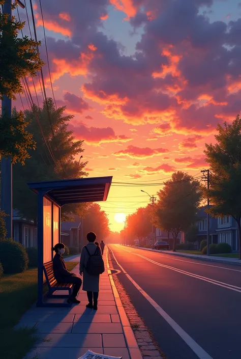 Bus stop at sunset