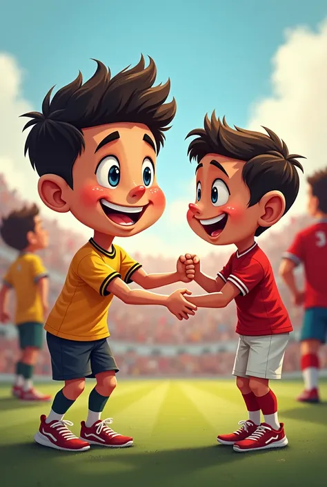 A boy who is Ronaldo fan. He loves playing football. He meet Ronaldo one day. Cartoon