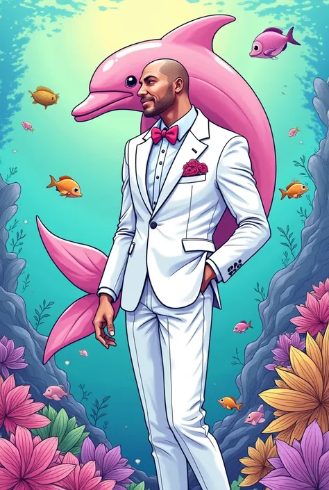 A man similar to the legend of the pink dolphin in a white suit in the form of a coloring page