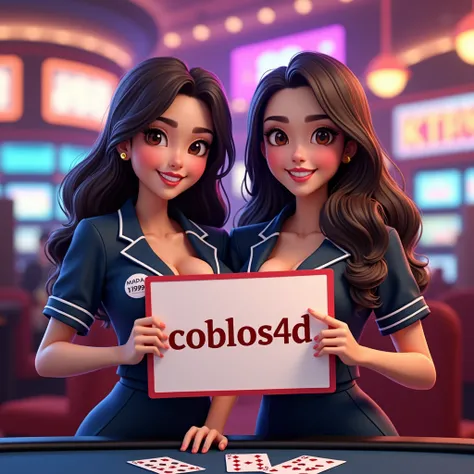 two different beautiful wave hair women wearing high school uniform indonesian holding up a sign "coblos4d regist now", text fit with sign, teasing smile, happy, 3D Render RealCartoon, photorealistic, casino background, big breast, cleavage, standing behin...