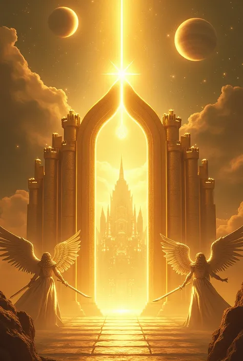 Great golden wall with high gates in the shape of a shining pearl, Golden City behind the Great Wall with lots of light, around the space with planets and angels of light flying, On the pearl-shaped door 2 large angels with sword on each side of the pearl-...