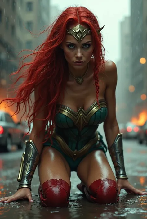 (((A beautiful woman with long red hair in a braid))),Adriana Lima wearing (((A green leather Wonder Woman jumpsuit))) Silver bracelets, red knee-high leather boots, this beautiful woman is on her knees screaming exhausted after an extensive battle in a ra...