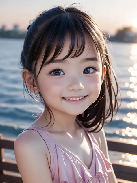 masterpiece, 8k, 10 years old, adorable, very pretty, adolescent, seaside,  japanese girl, (portrait, close-up:1.2), exposed for...