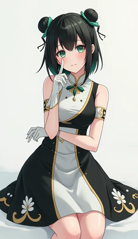 black hair,fingerless gloves,china dress, A dress colored in black and white.(white bun_cover), green eyes, green hair_ribbon,