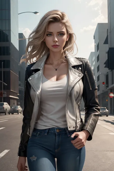 design, interrior, interriordesign Masterpiece, best quality, (highly detailed raw photo:1.2), 8k render in octane, volumetric lighting, volumetric shadows portrait of a woman, (pasionate look), jeans, leather jacket, pullover, walking in city