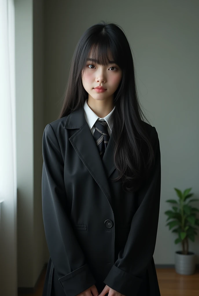 RAW Photos、high school girl、Showing the whole body、Black school uniform、Long straight black hair、Center parted bangs、Japanese、Beauty、Grown-up、Big eyes、Tear bags、High nose